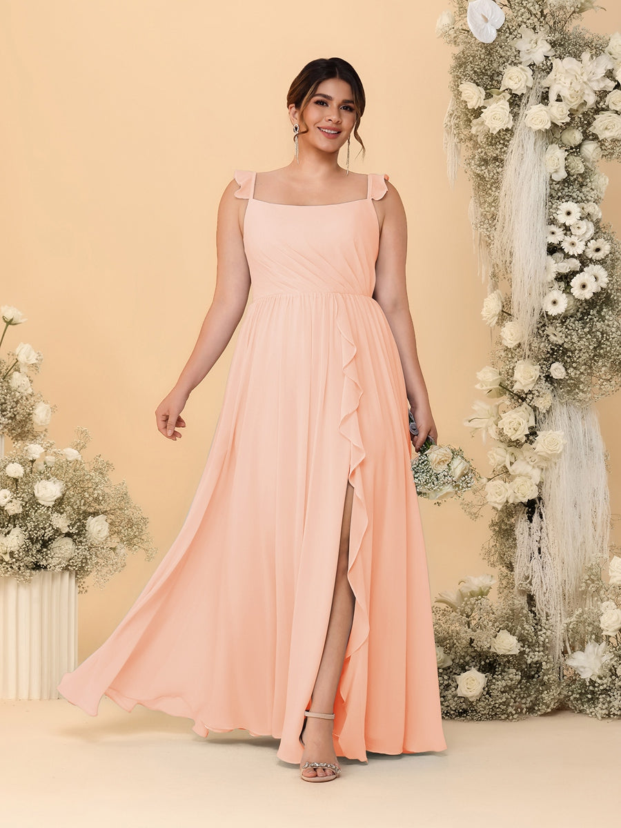 A-Line/Princess Square Neck Sleeveless Plus Size Bridesmaid Dresses With Side Slit & Ruffles Peach Pink