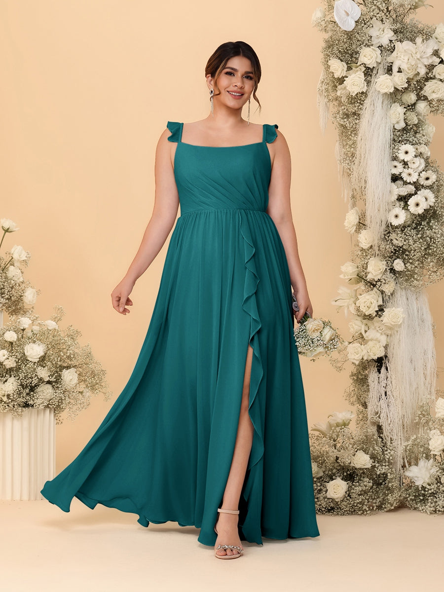 A-Line/Princess Square Neck Sleeveless Plus Size Bridesmaid Dresses With Side Slit & Ruffles Peacock