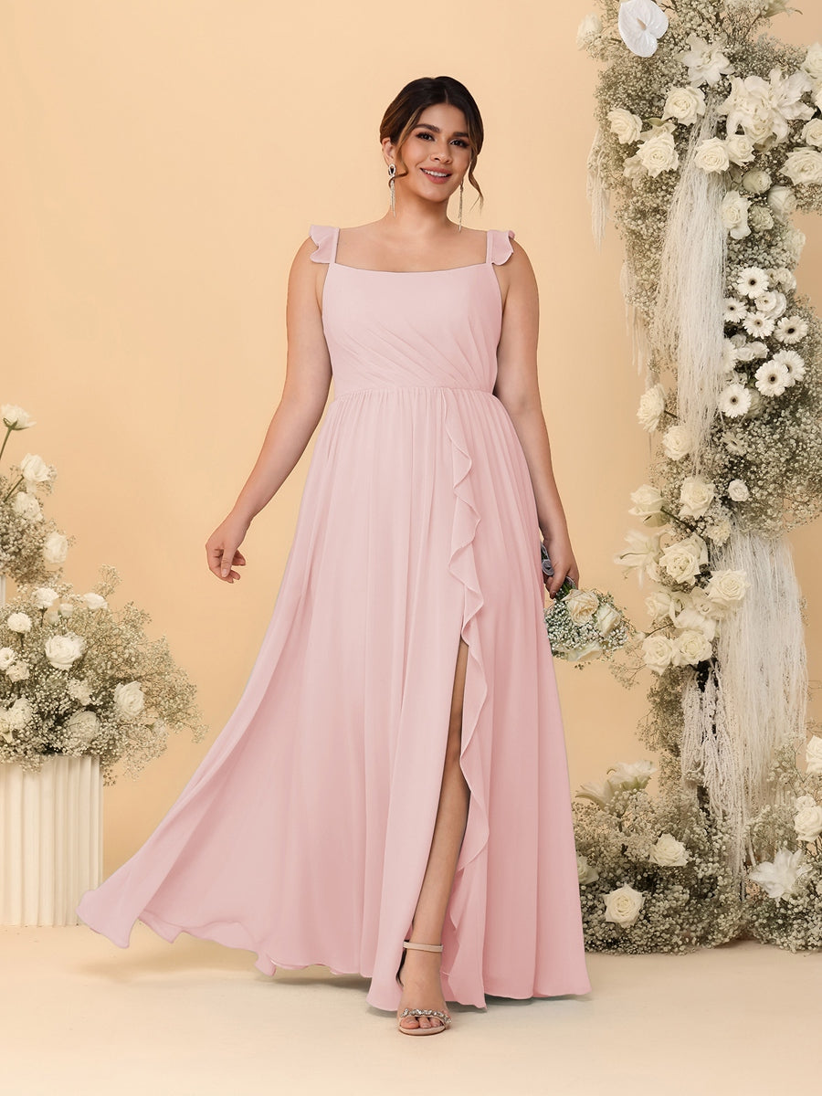 A-Line/Princess Square Neck Sleeveless Plus Size Bridesmaid Dresses With Side Slit & Ruffles Pearl Pink