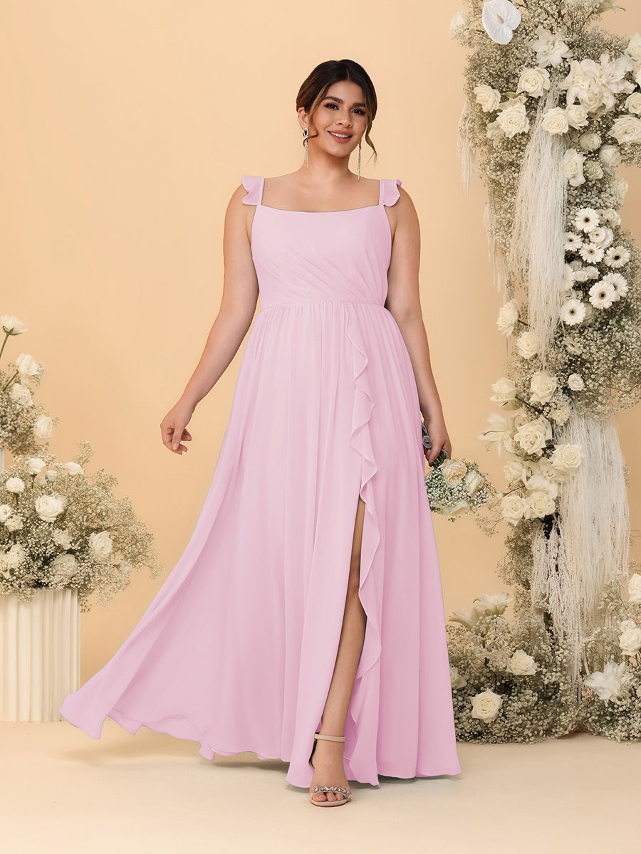 A-Line/Princess Square Neck Sleeveless Plus Size Bridesmaid Dresses With Side Slit & Ruffles Pink