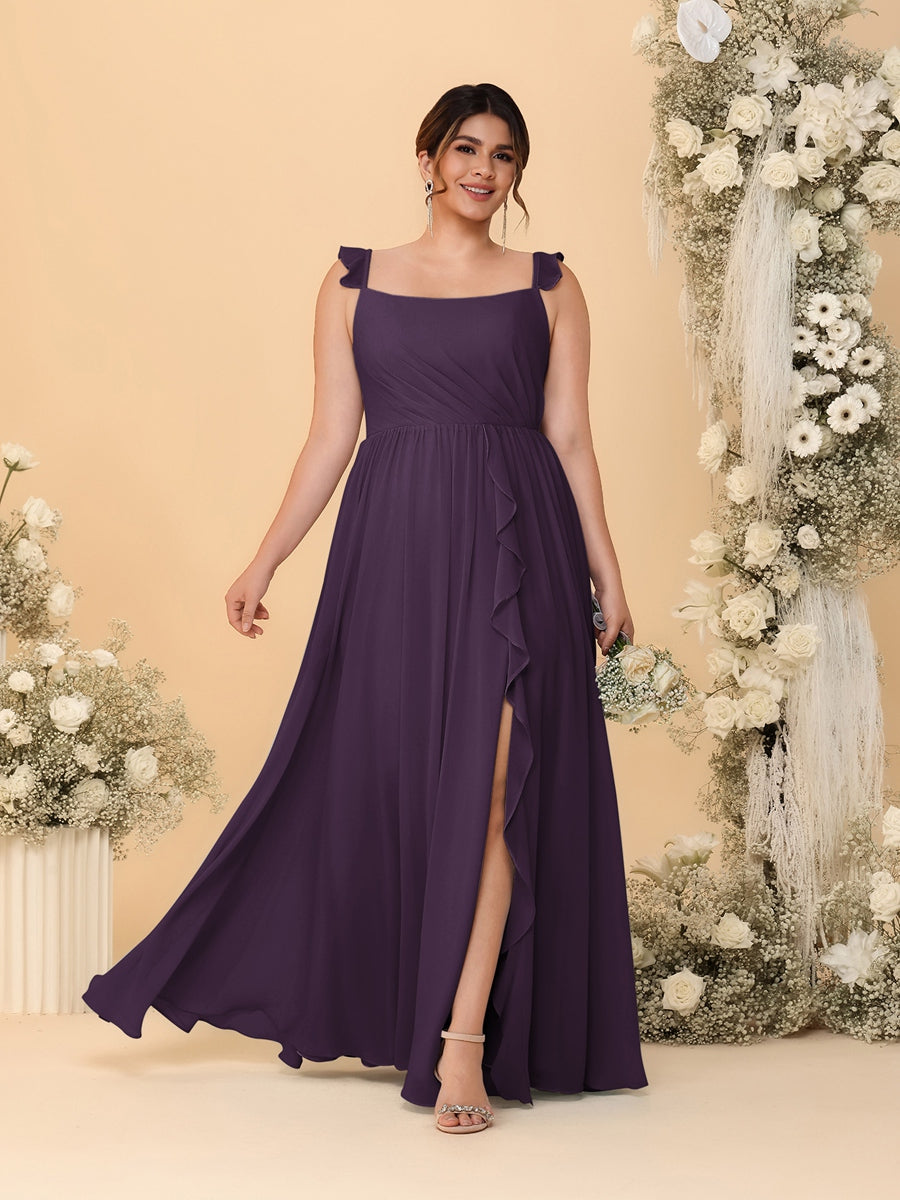 A-Line/Princess Square Neck Sleeveless Plus Size Bridesmaid Dresses With Side Slit & Ruffles Plum