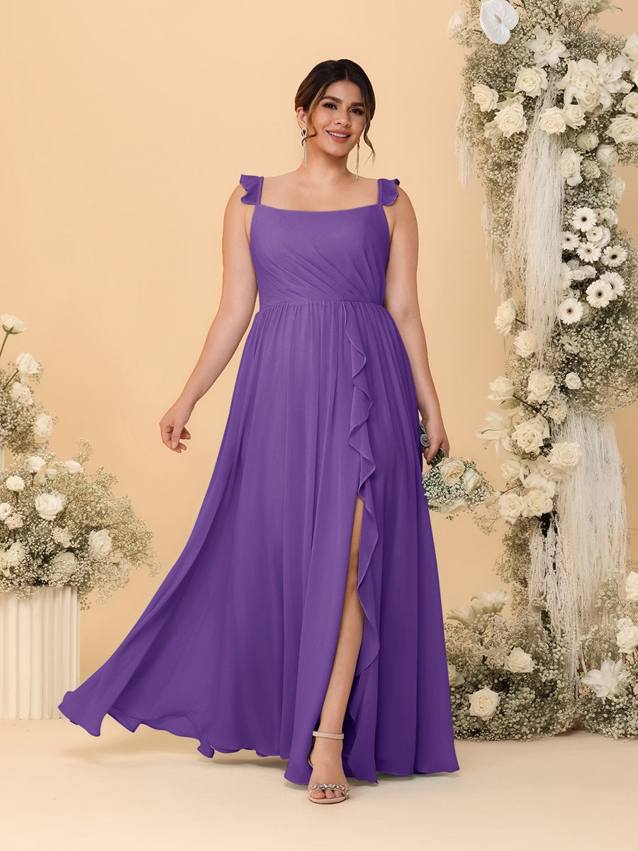 A-Line/Princess Square Neck Sleeveless Plus Size Bridesmaid Dresses With Side Slit & Ruffles Purple