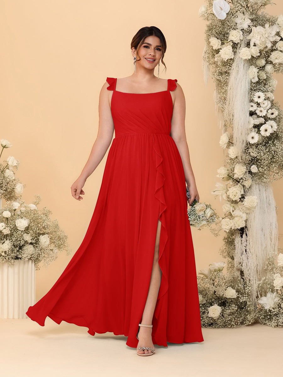 A-Line/Princess Square Neck Sleeveless Plus Size Bridesmaid Dresses With Side Slit & Ruffles Red