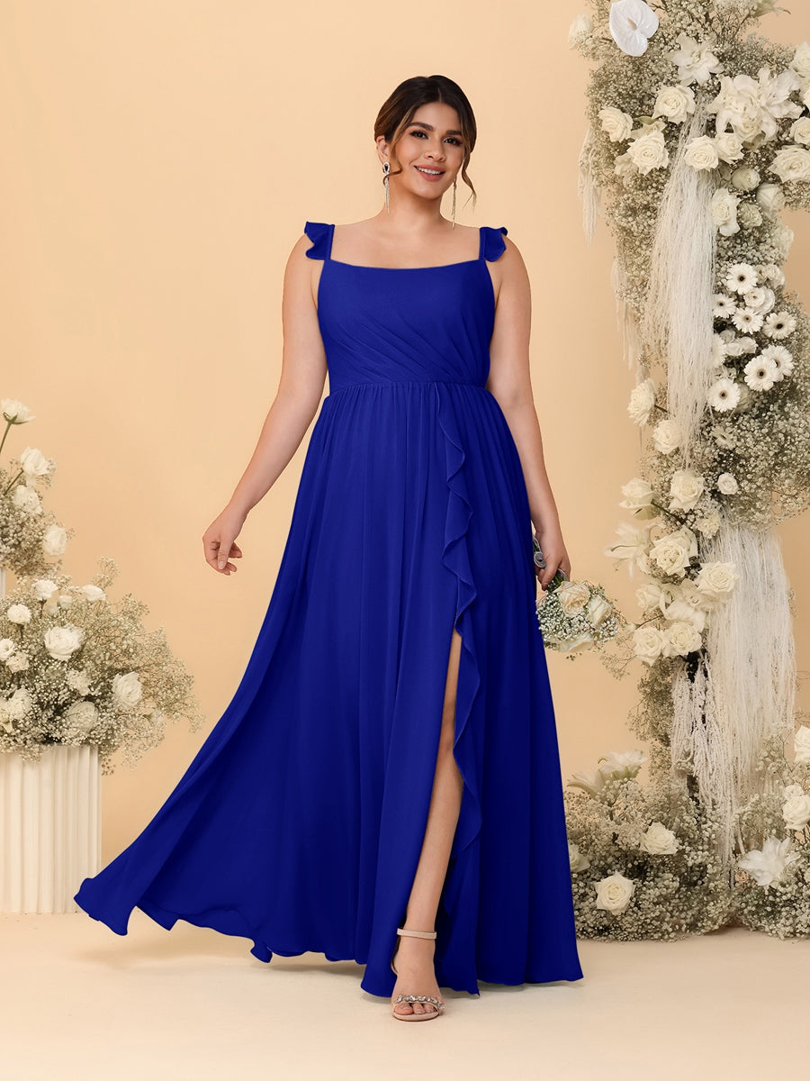 A-Line/Princess Square Neck Sleeveless Plus Size Bridesmaid Dresses With Side Slit & Ruffles Royal Blue