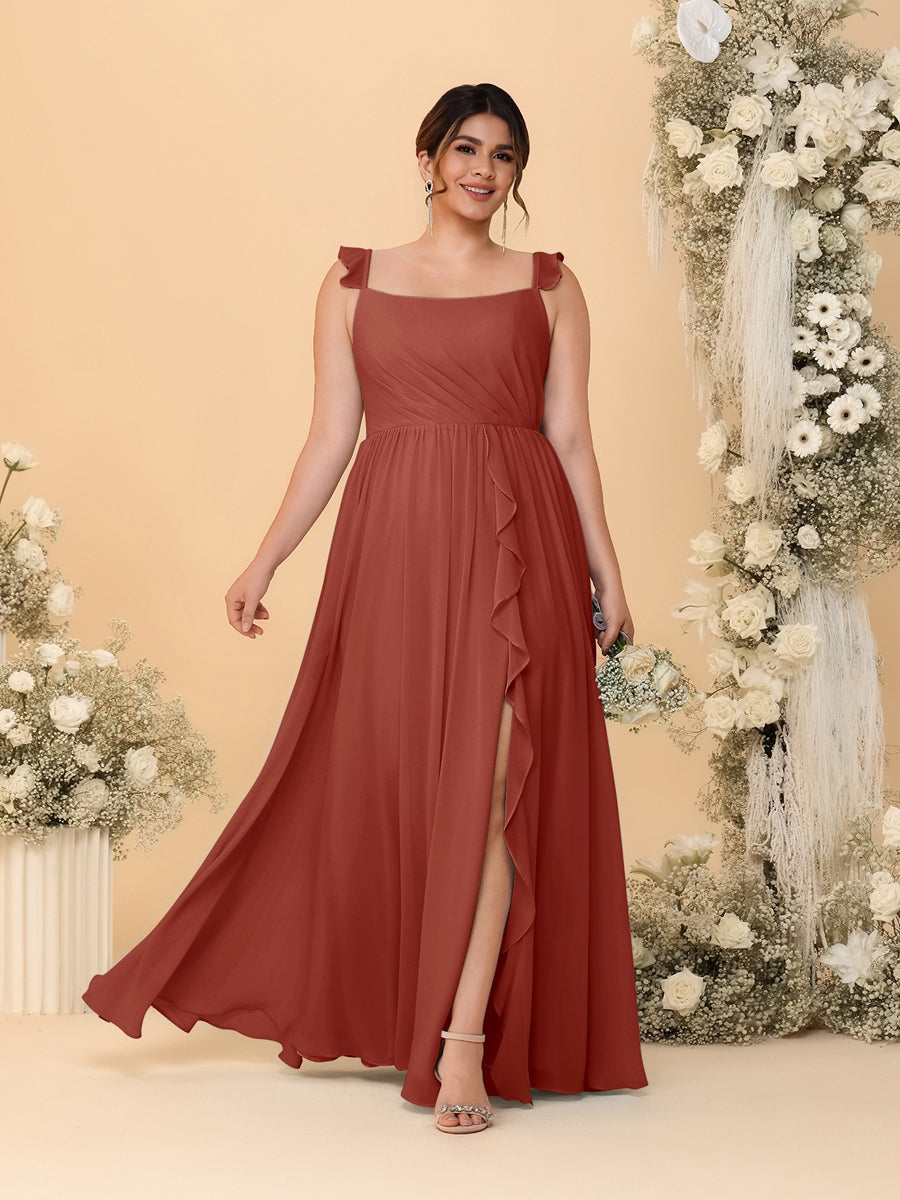 A-Line/Princess Square Neck Sleeveless Plus Size Bridesmaid Dresses With Side Slit & Ruffles Rust
