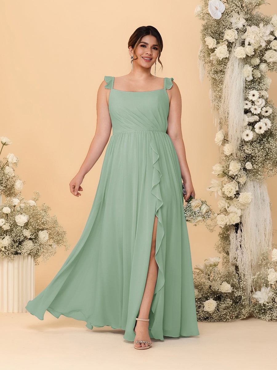 A-Line/Princess Square Neck Sleeveless Plus Size Bridesmaid Dresses With Side Slit & Ruffles Sage