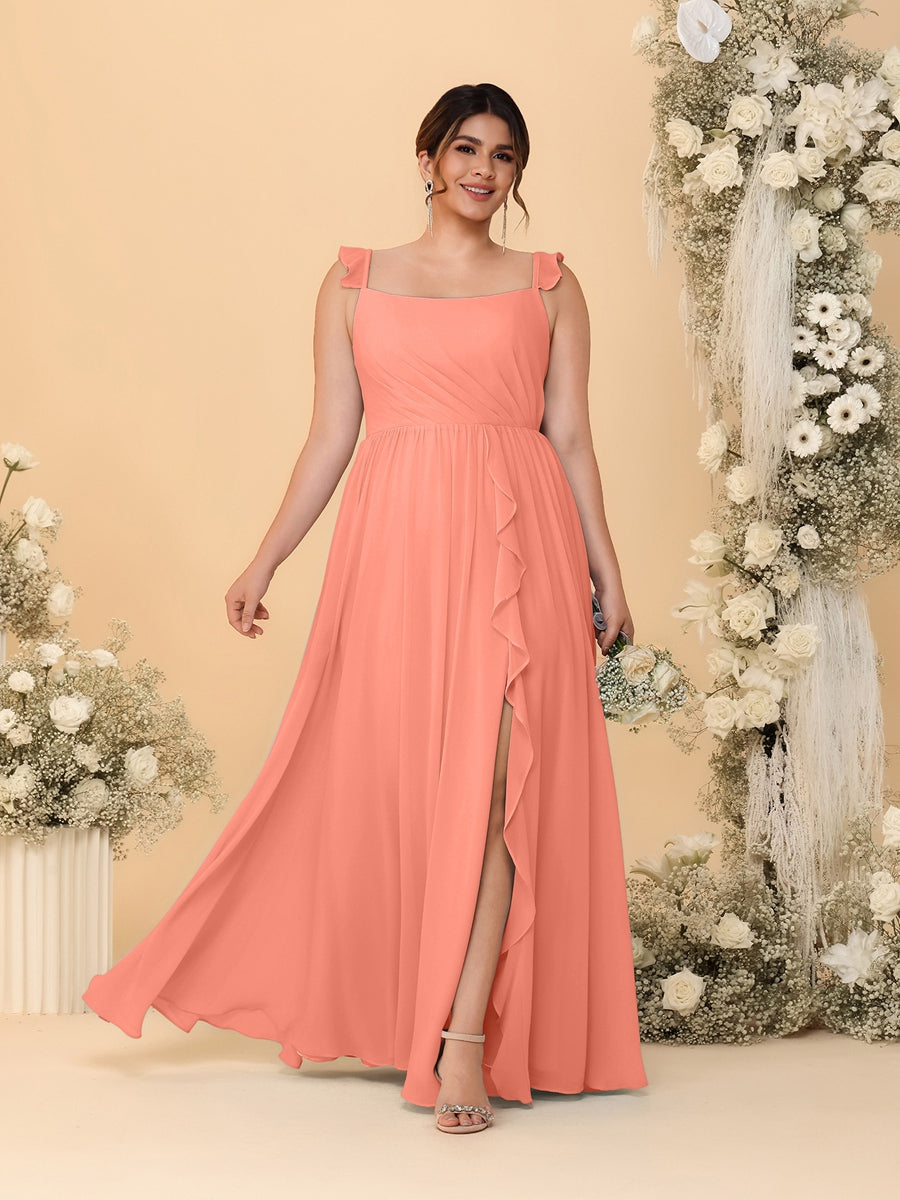 A-Line/Princess Square Neck Sleeveless Plus Size Bridesmaid Dresses With Side Slit & Ruffles Salmon