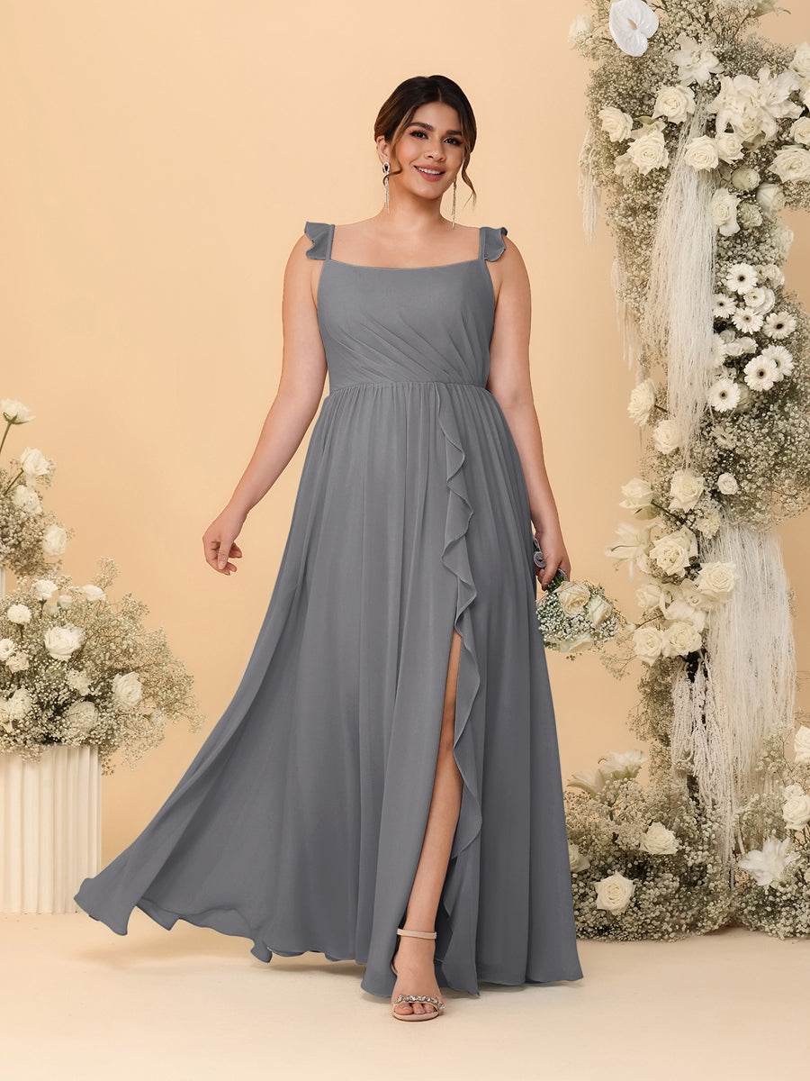 A-Line/Princess Square Neck Sleeveless Plus Size Bridesmaid Dresses With Side Slit & Ruffles Silver Gray