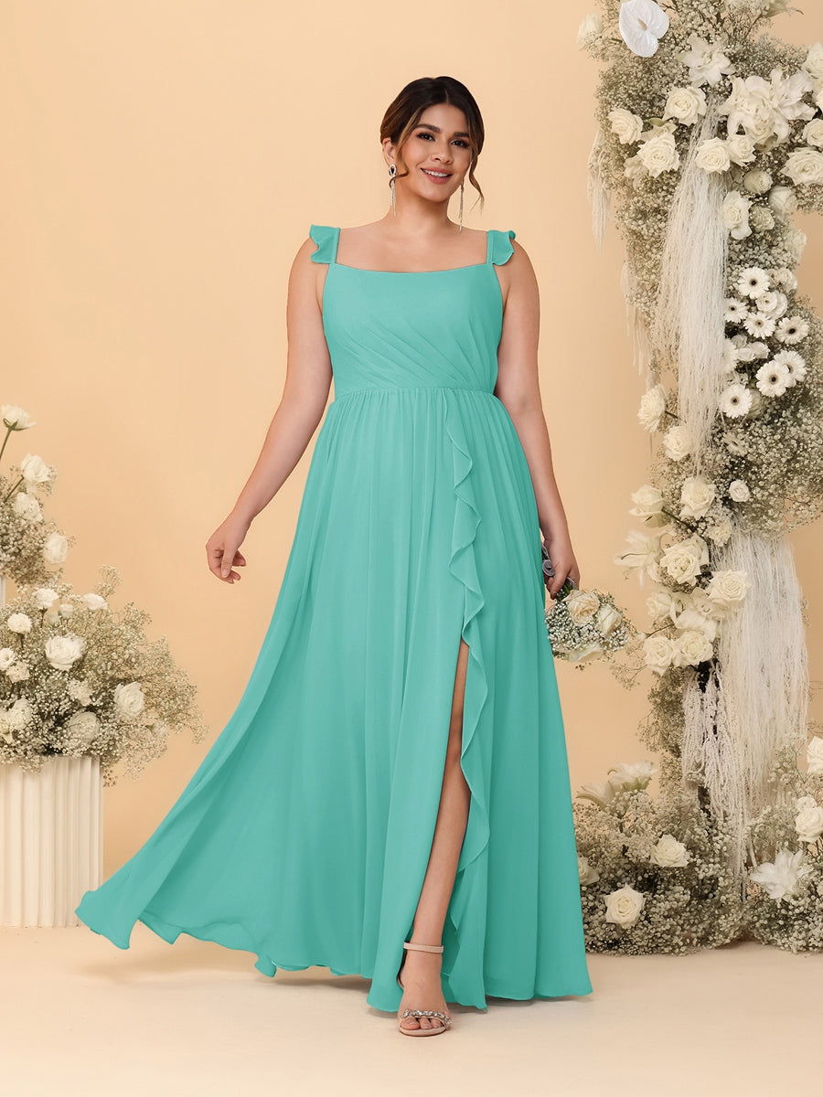 A-Line/Princess Square Neck Sleeveless Plus Size Bridesmaid Dresses With Side Slit & Ruffles Spa