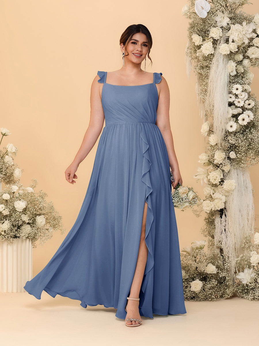 A-Line/Princess Square Neck Sleeveless Plus Size Bridesmaid Dresses With Side Slit & Ruffles Steel Blue