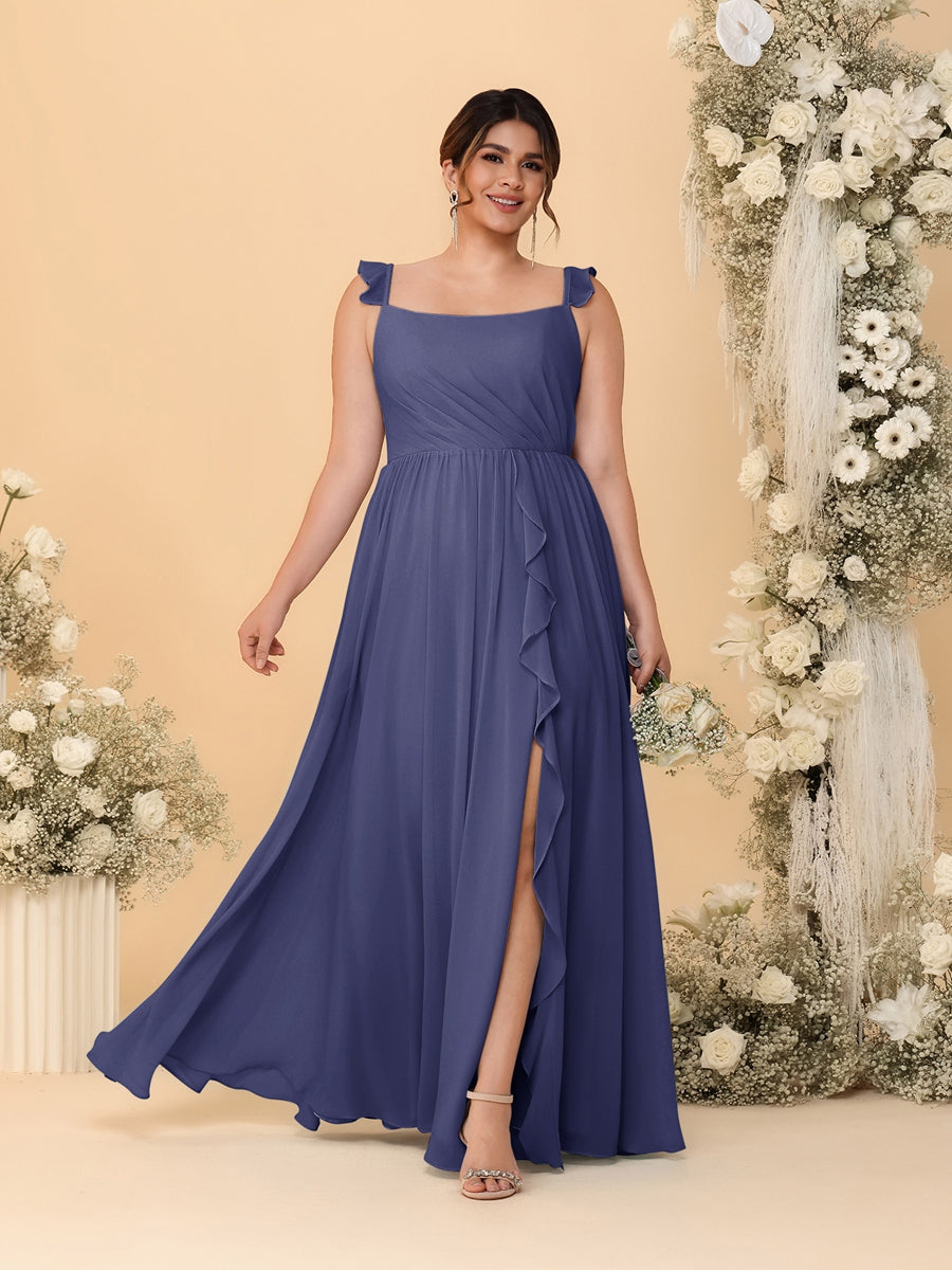 A-Line/Princess Square Neck Sleeveless Plus Size Bridesmaid Dresses With Side Slit & Ruffles Stormy Blue