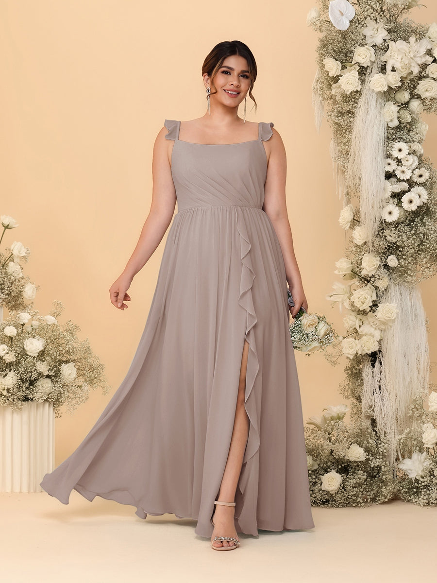 A-Line/Princess Square Neck Sleeveless Plus Size Bridesmaid Dresses With Side Slit & Ruffles Taupe