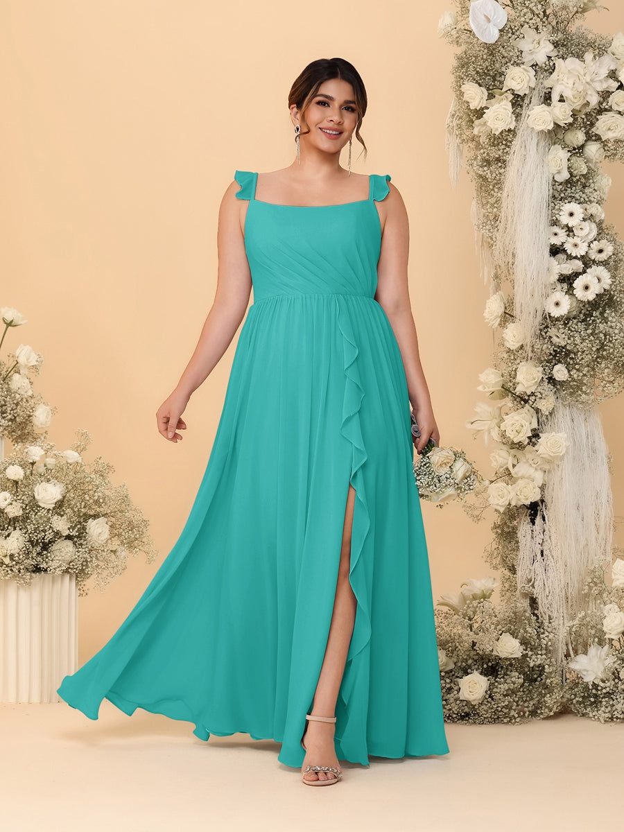 A-Line/Princess Square Neck Sleeveless Plus Size Bridesmaid Dresses With Side Slit & Ruffles Turquoise