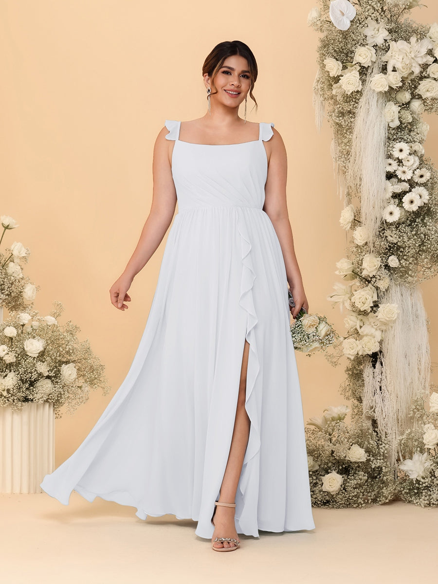 A-Line/Princess Square Neck Sleeveless Plus Size Bridesmaid Dresses With Side Slit & Ruffles White