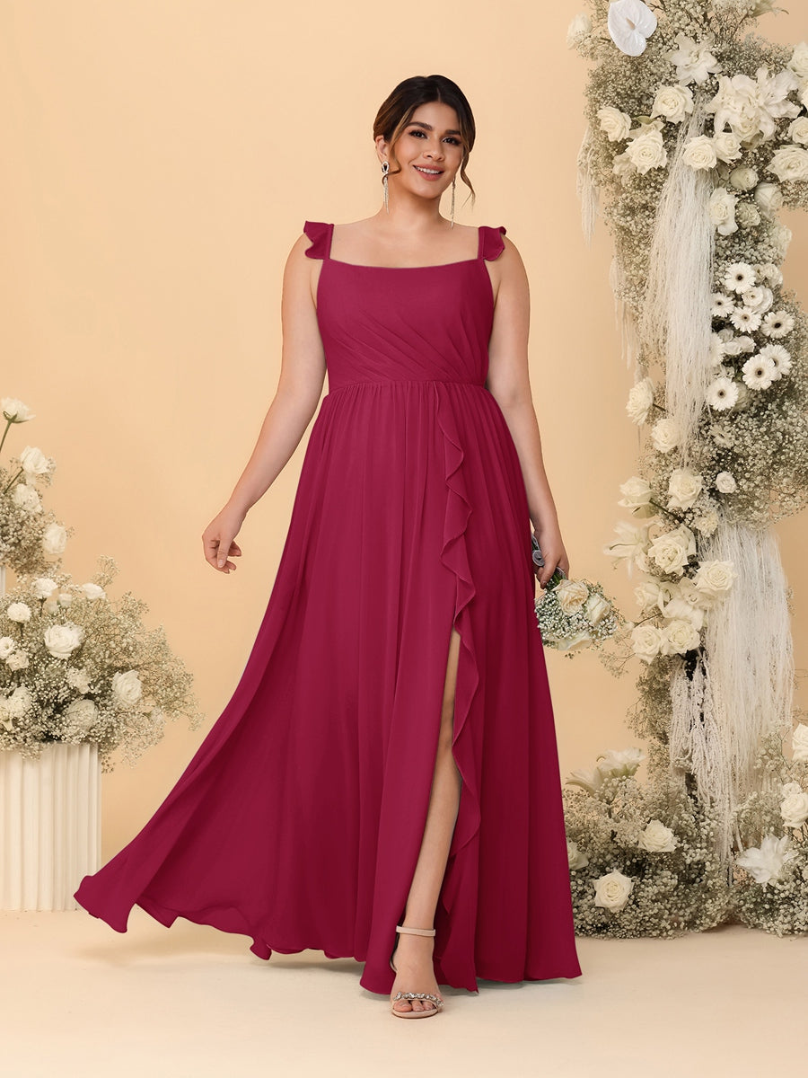 A-Line/Princess Square Neck Sleeveless Plus Size Bridesmaid Dresses With Side Slit & Ruffles Wine Red
