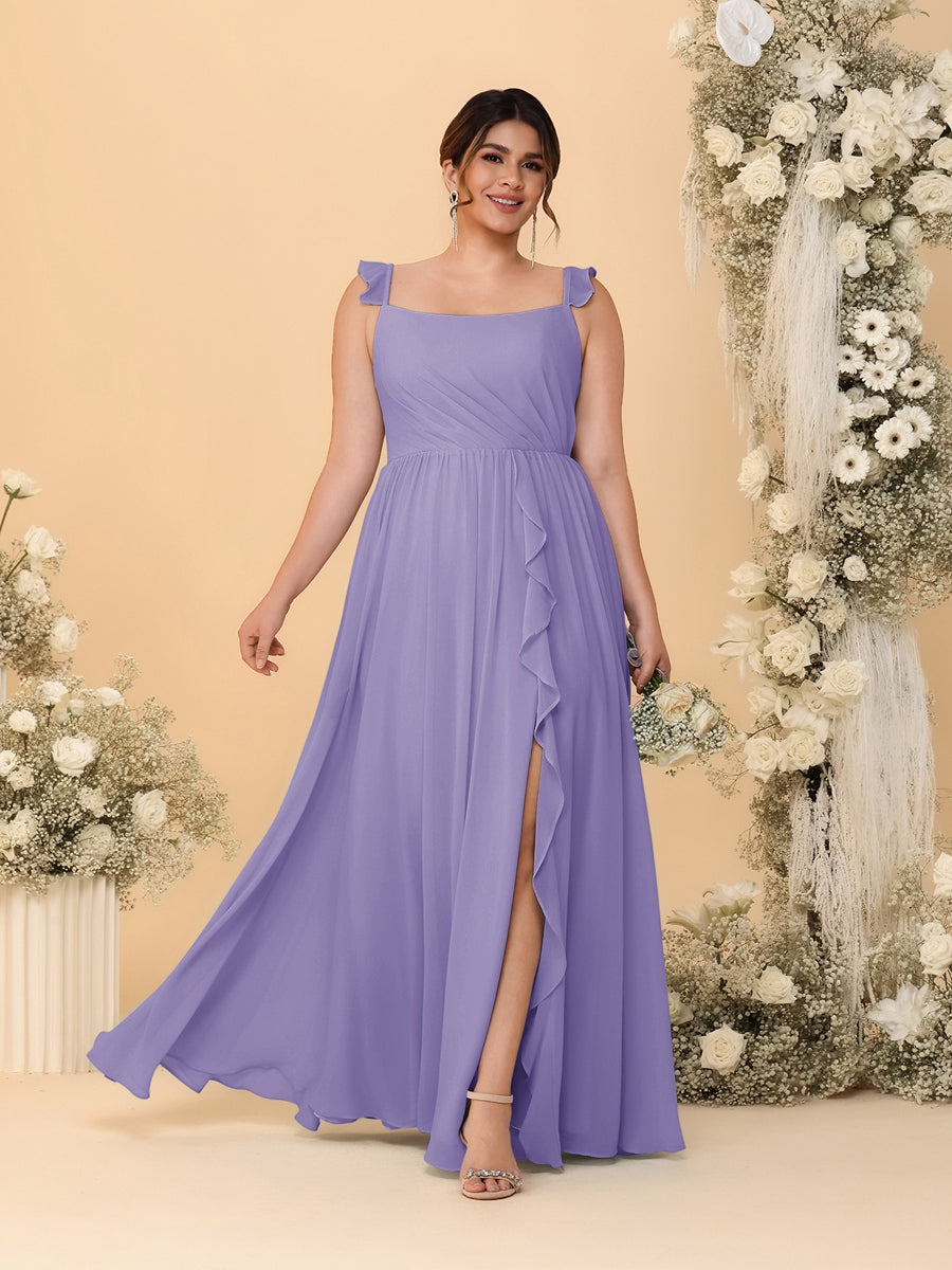 A-Line/Princess Square Neck Sleeveless Plus Size Bridesmaid Dresses With Side Slit & Ruffles Wisteria