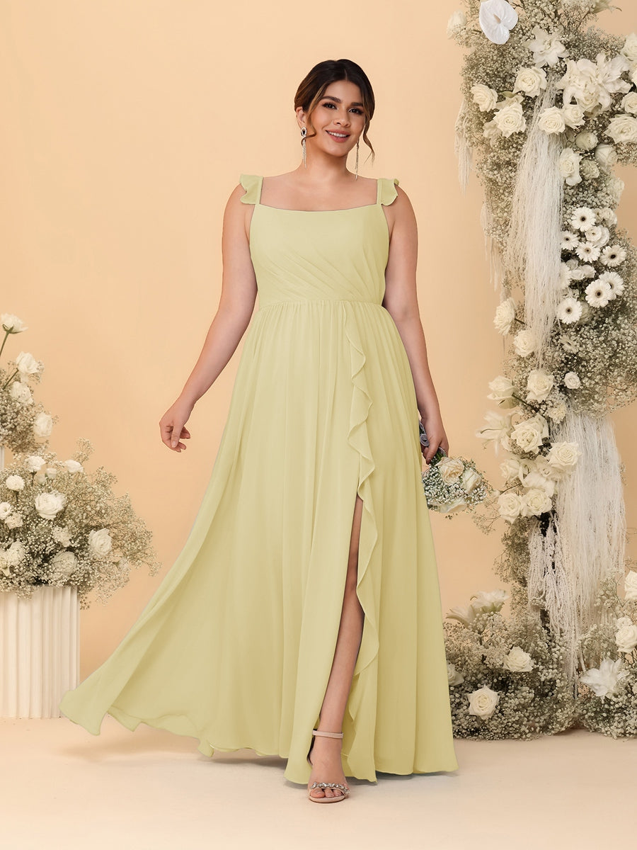 A-Line/Princess Square Neck Sleeveless Plus Size Bridesmaid Dresses With Side Slit & Ruffles Yellow