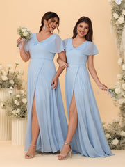 A-Line/Princess V-Neck Short Sleeves Long Chiffon Bridesmaid Dresses With Side Slit
