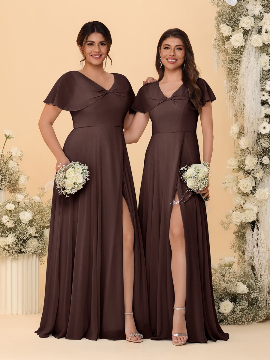 A-Line/Princess V-Neck Short Sleeves Long Chiffon Bridesmaid Dresses With Side Slit Brown