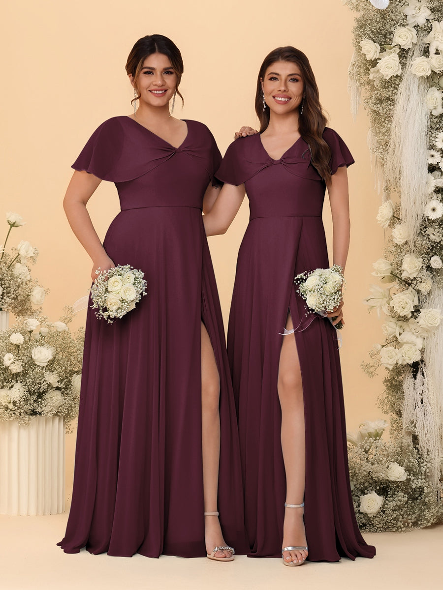 A-Line/Princess V-Neck Short Sleeves Long Chiffon Bridesmaid Dresses With Side Slit Burgundy