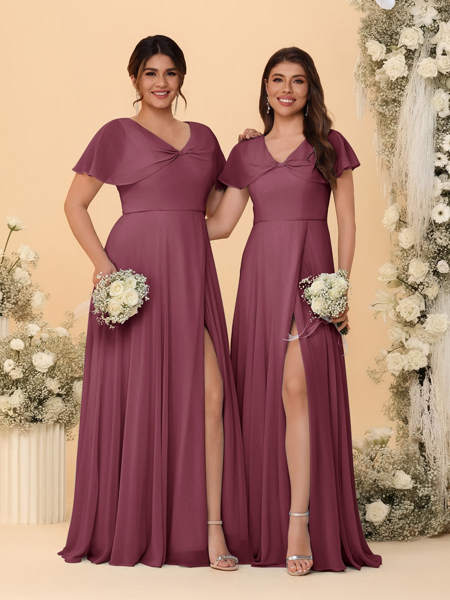 A-Line/Princess V-Neck Short Sleeves Long Chiffon Bridesmaid Dresses With Side Slit Mulberry