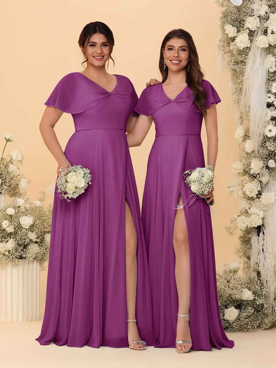 A-Line/Princess V-Neck Short Sleeves Long Chiffon Bridesmaid Dresses With Side Slit Orchid