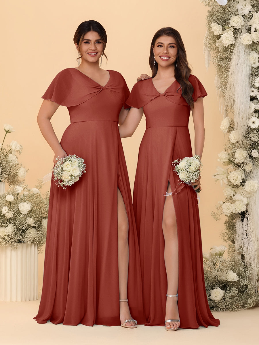 A-Line/Princess V-Neck Short Sleeves Long Chiffon Bridesmaid Dresses With Side Slit Rust
