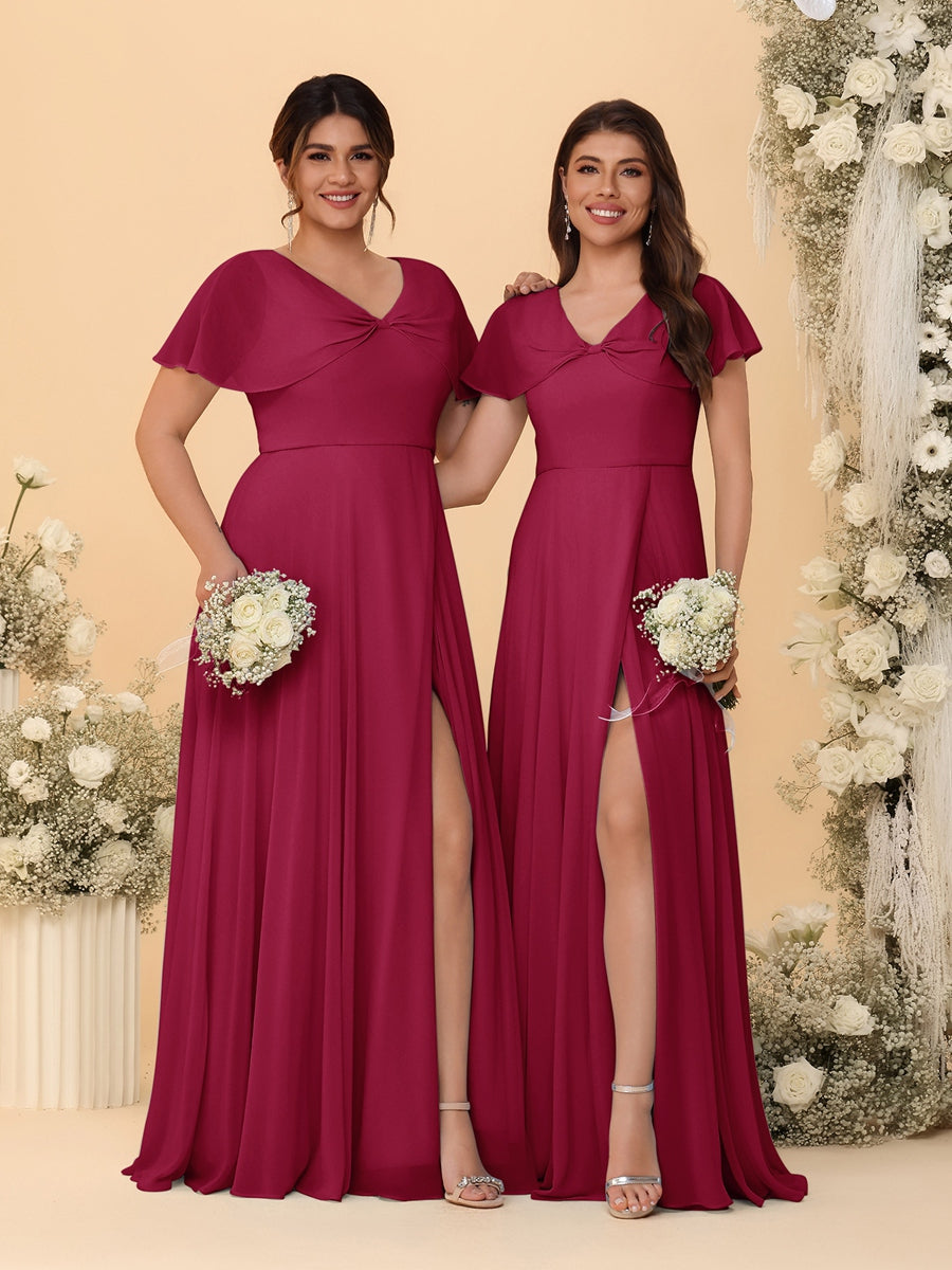 A-Line/Princess V-Neck Short Sleeves Long Chiffon Bridesmaid Dresses With Side Slit Wine Red