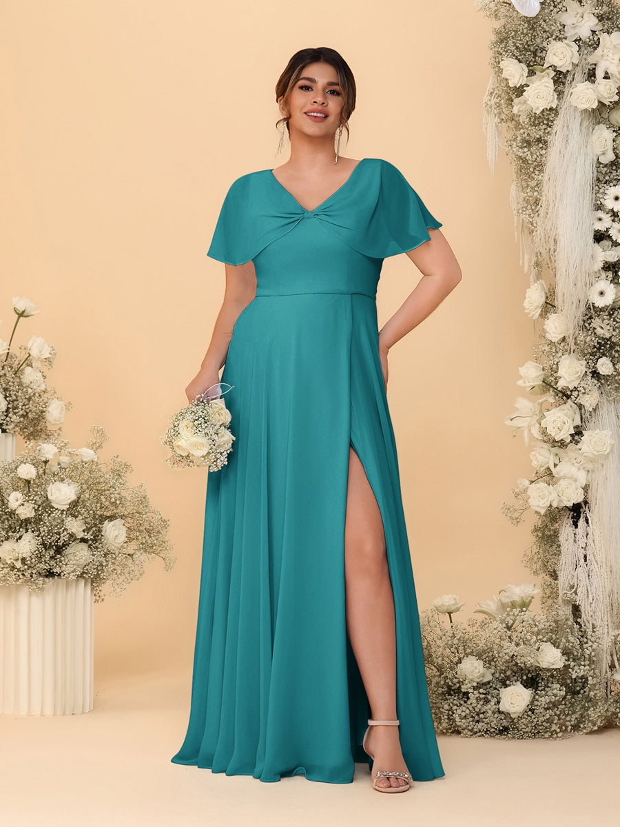A-Line/Princess V-Neck Short Sleeves Plus Size Bridesmaid Dresses With Side Slit Aqua Blue