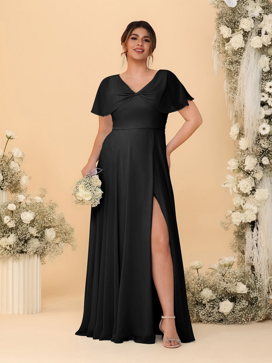A-Line/Princess V-Neck Short Sleeves Plus Size Bridesmaid Dresses With Side Slit Black