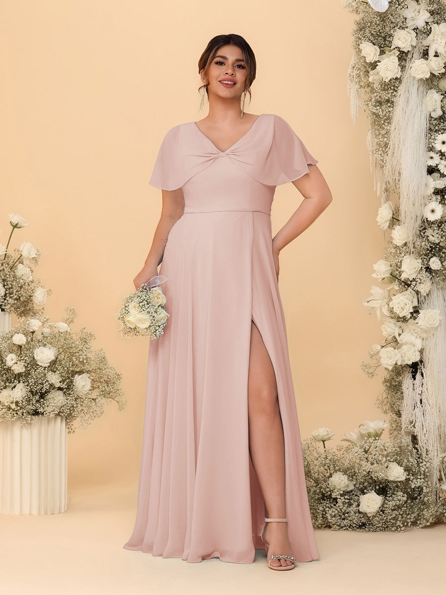 A-Line/Princess V-Neck Short Sleeves Plus Size Bridesmaid Dresses With Side Slit Blush Pink