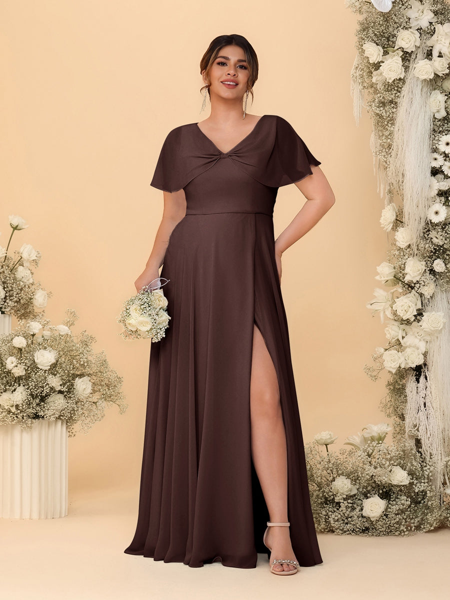 A-Line/Princess V-Neck Short Sleeves Plus Size Bridesmaid Dresses With Side Slit Brown