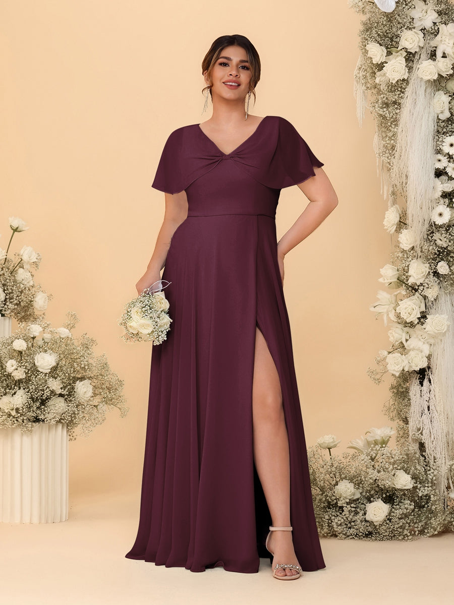 A-Line/Princess V-Neck Short Sleeves Plus Size Bridesmaid Dresses With Side Slit Burgundy