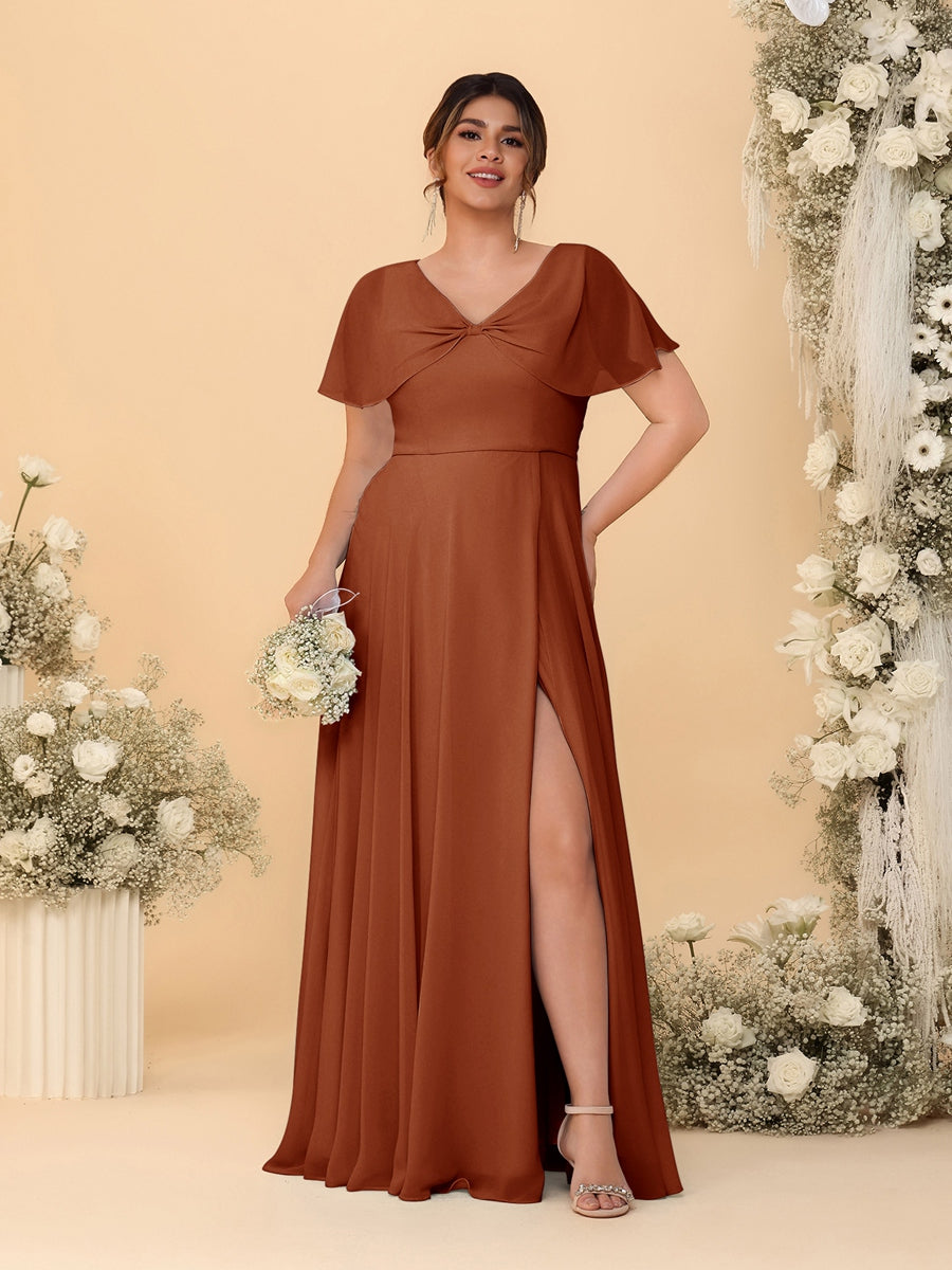 A-Line/Princess V-Neck Short Sleeves Plus Size Bridesmaid Dresses With Side Slit Burnt Orange
