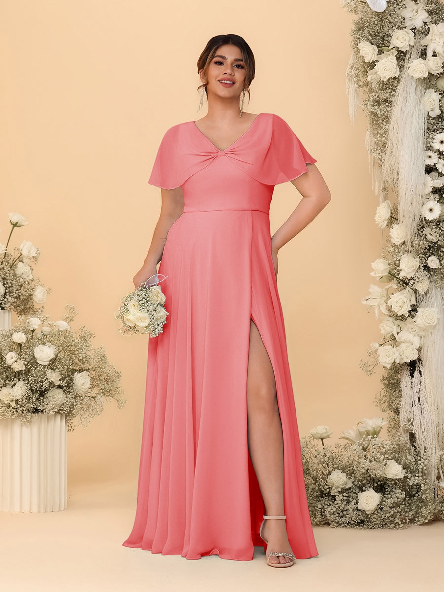 A-Line/Princess V-Neck Short Sleeves Plus Size Bridesmaid Dresses With Side Slit Coral