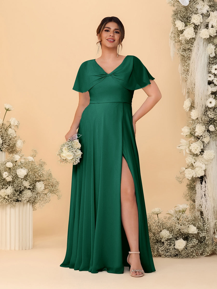 A-Line/Princess V-Neck Short Sleeves Plus Size Bridesmaid Dresses With Side Slit Dark Green