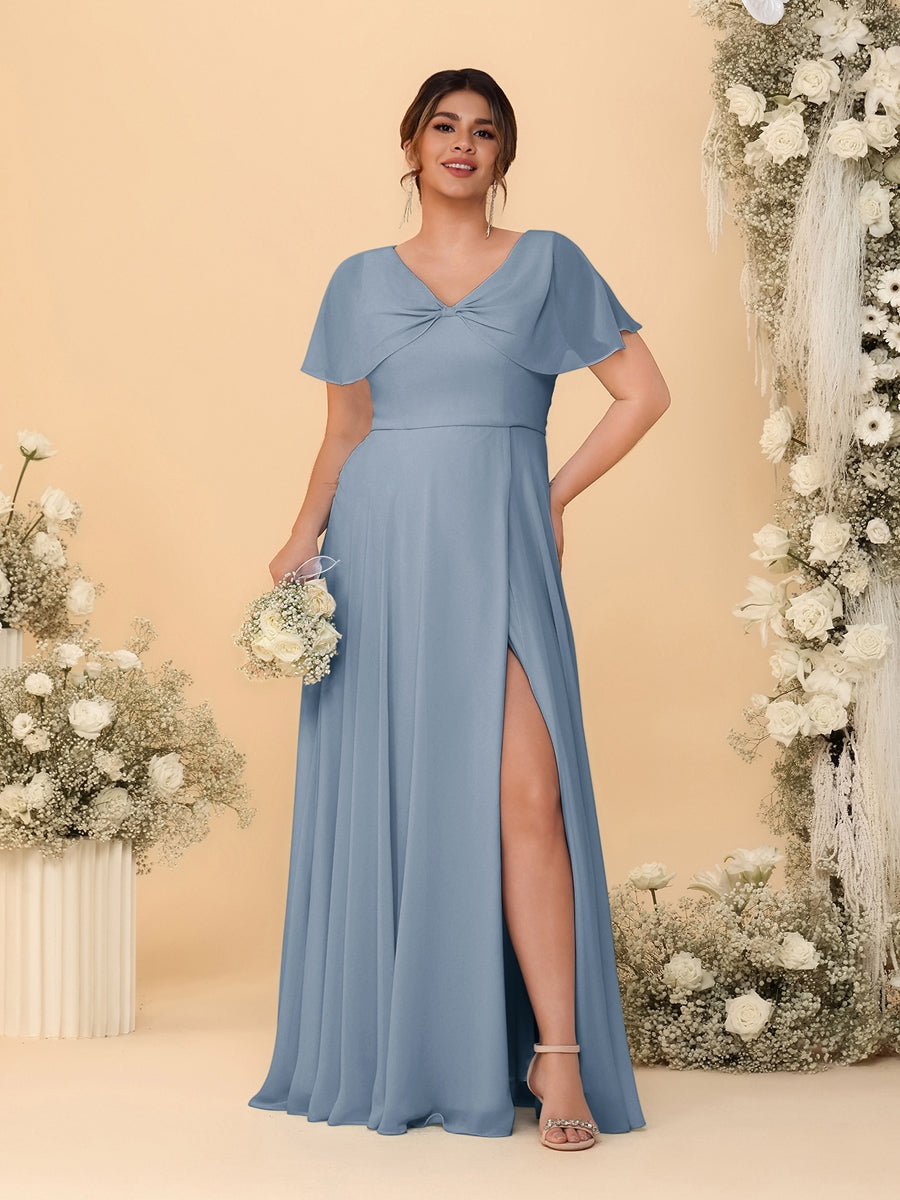 A-Line/Princess V-Neck Short Sleeves Plus Size Bridesmaid Dresses With Side Slit Dusty Blue