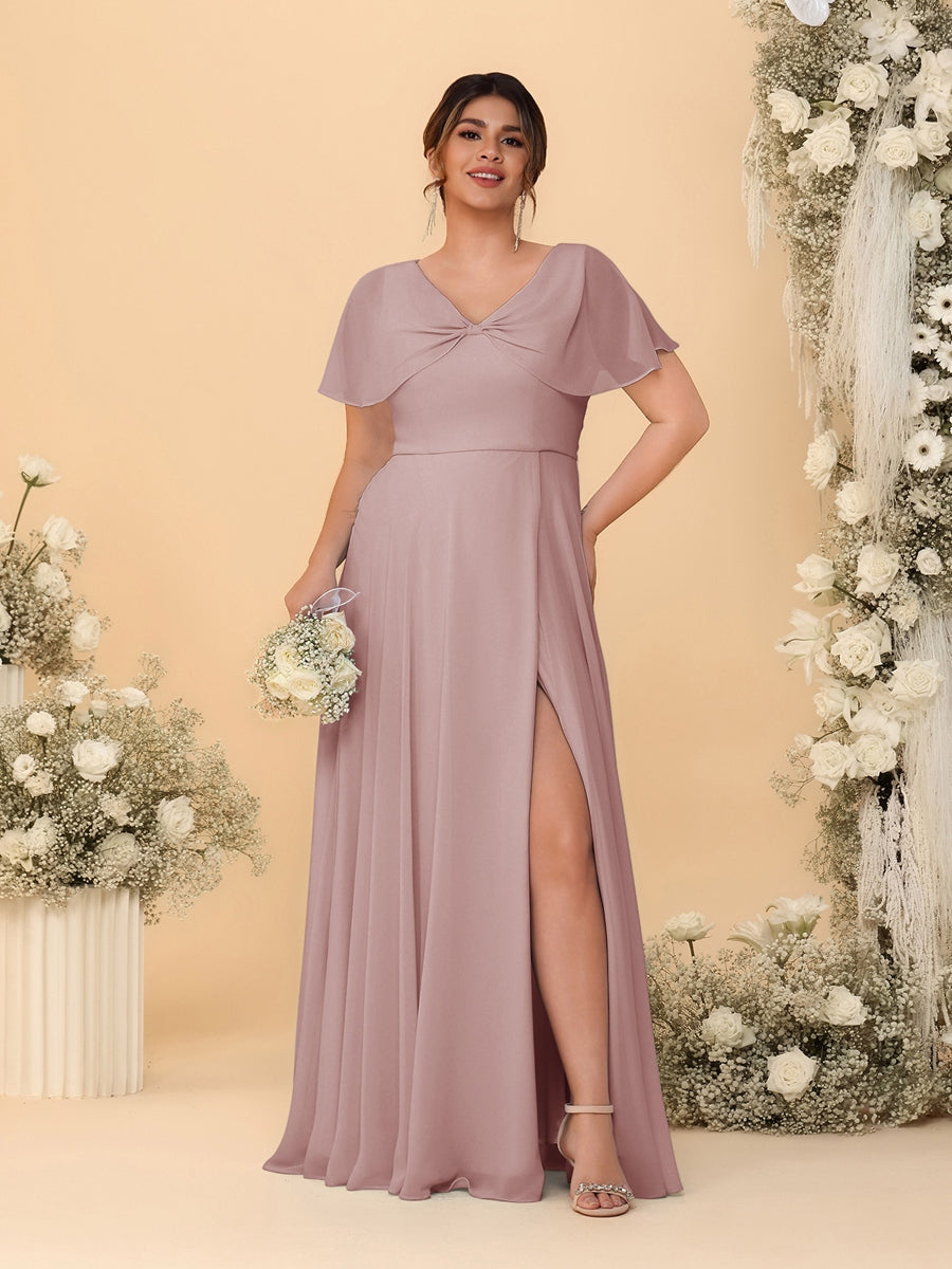 A-Line/Princess V-Neck Short Sleeves Plus Size Bridesmaid Dresses With Side Slit Dusty Pink