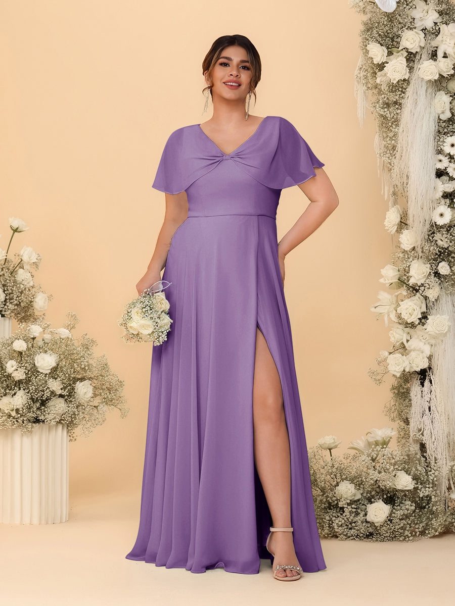 A-Line/Princess V-Neck Short Sleeves Plus Size Bridesmaid Dresses With Side Slit Dusty Purple