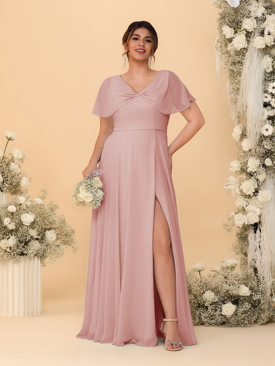 A-Line/Princess V-Neck Short Sleeves Plus Size Bridesmaid Dresses With Side Slit Dusty Rose