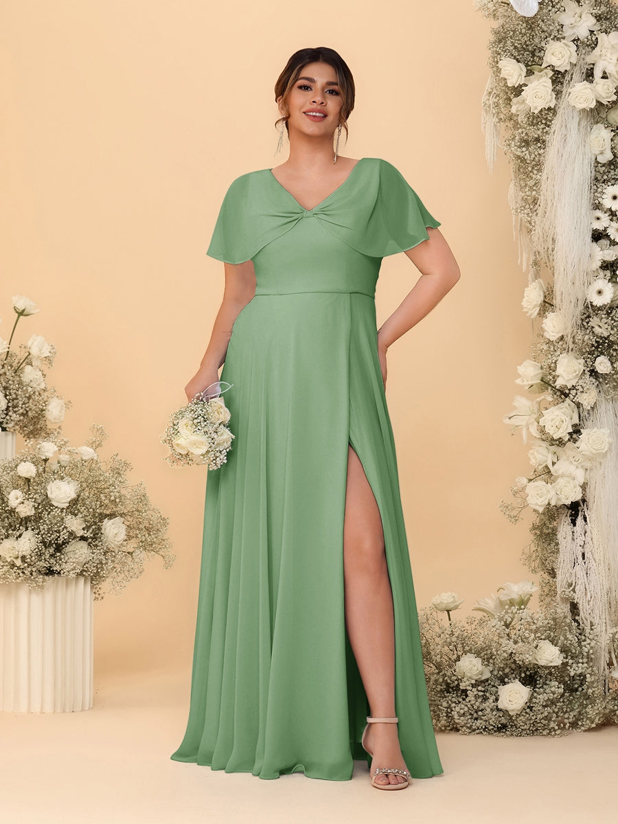 A-Line/Princess V-Neck Short Sleeves Plus Size Bridesmaid Dresses With Side Slit Dusty Sage