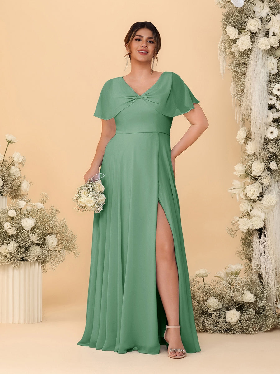 A-Line/Princess V-Neck Short Sleeves Plus Size Bridesmaid Dresses With Side Slit Eucalyptus