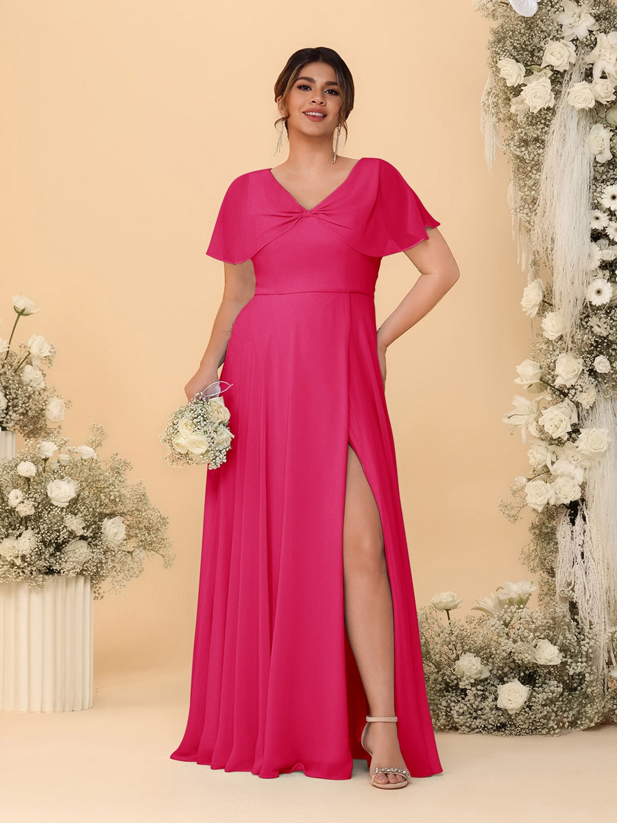 A-Line/Princess V-Neck Short Sleeves Plus Size Bridesmaid Dresses With Side Slit Fuchsia Pink
