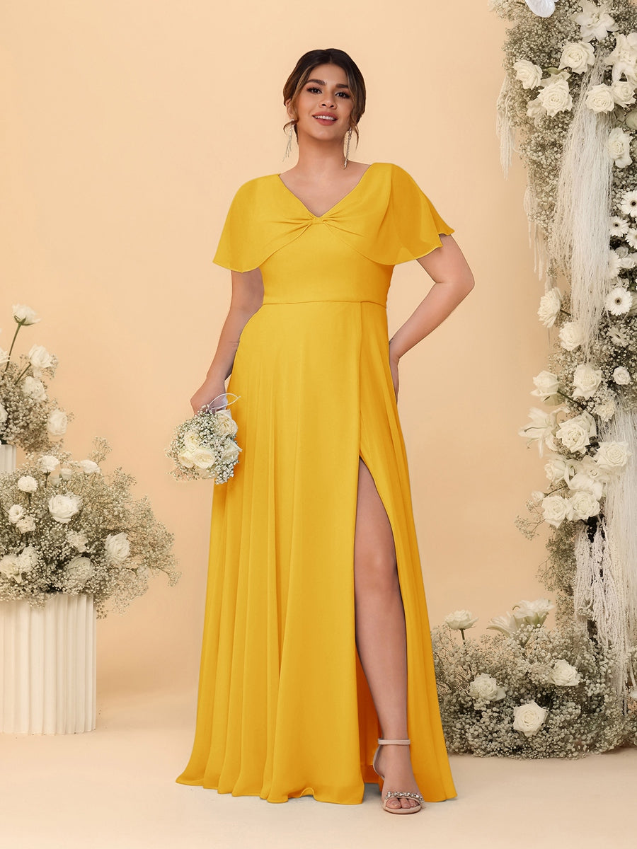 A-Line/Princess V-Neck Short Sleeves Plus Size Bridesmaid Dresses With Side Slit Gold
