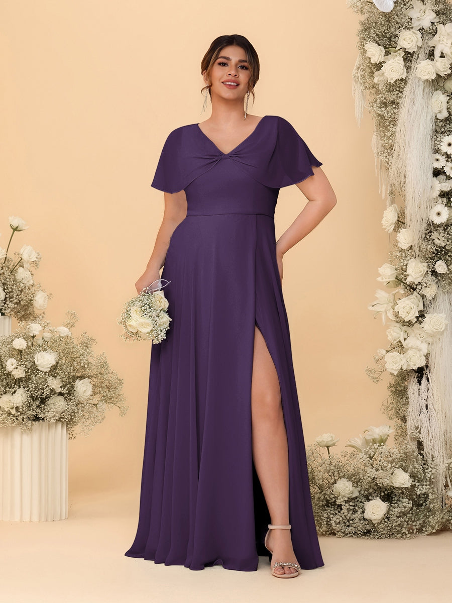A-Line/Princess V-Neck Short Sleeves Plus Size Bridesmaid Dresses With Side Slit Grape
