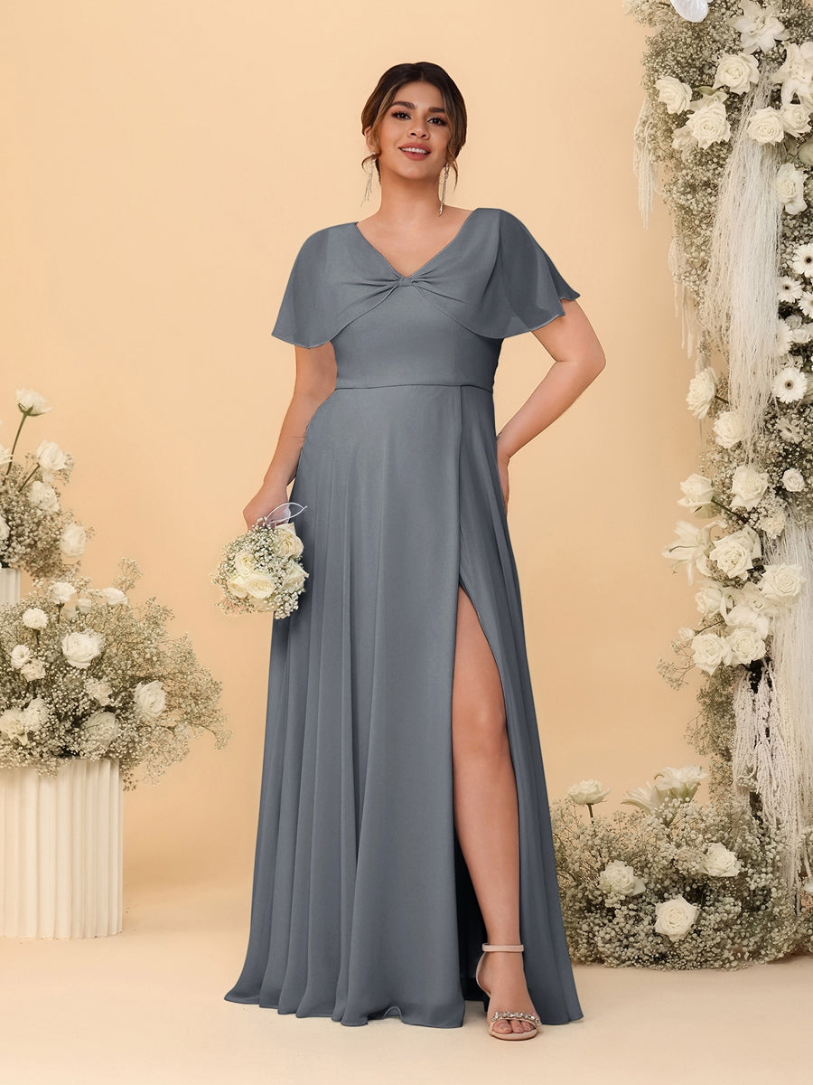 A-Line/Princess V-Neck Short Sleeves Plus Size Bridesmaid Dresses With Side Slit Gray