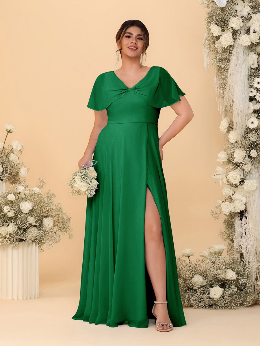 A-Line/Princess V-Neck Short Sleeves Plus Size Bridesmaid Dresses With Side Slit Green