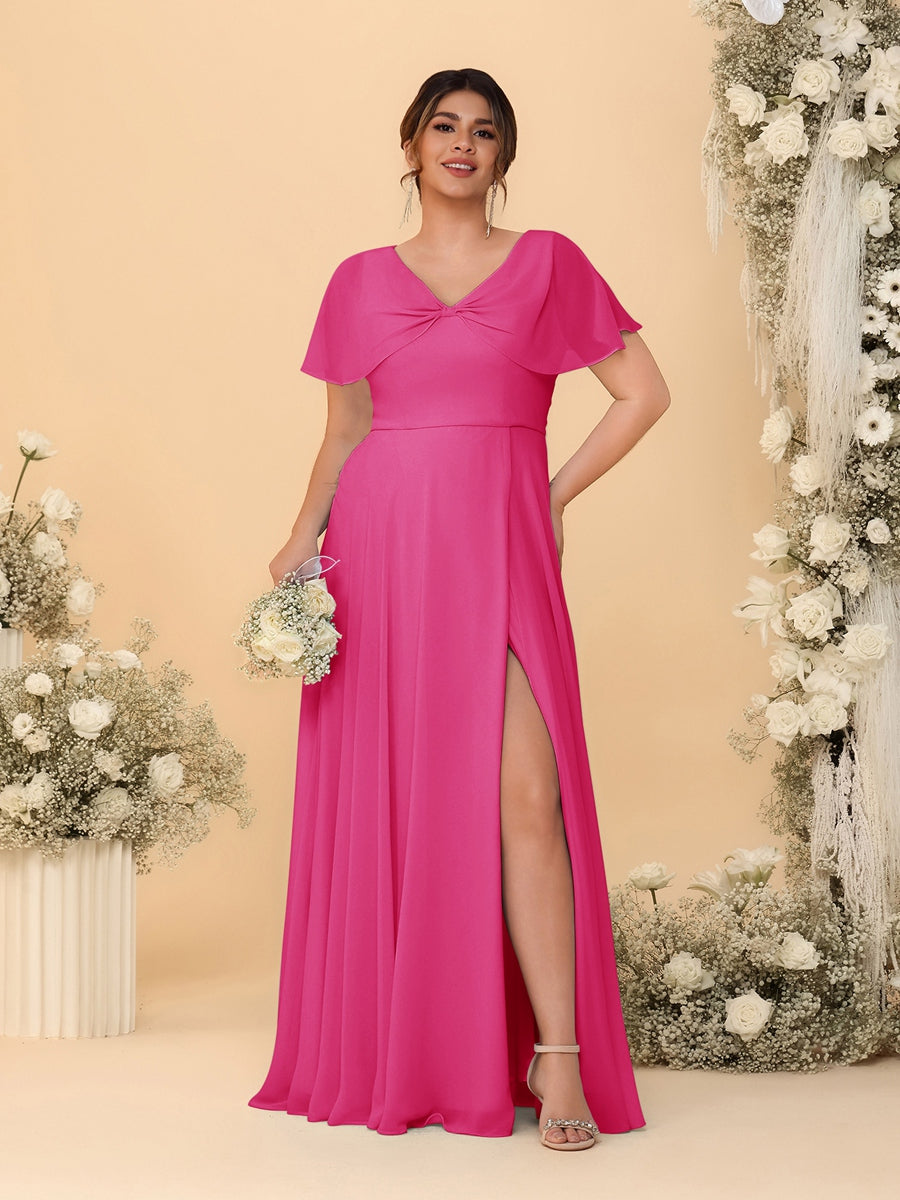 A-Line/Princess V-Neck Short Sleeves Plus Size Bridesmaid Dresses With Side Slit Hot Pink