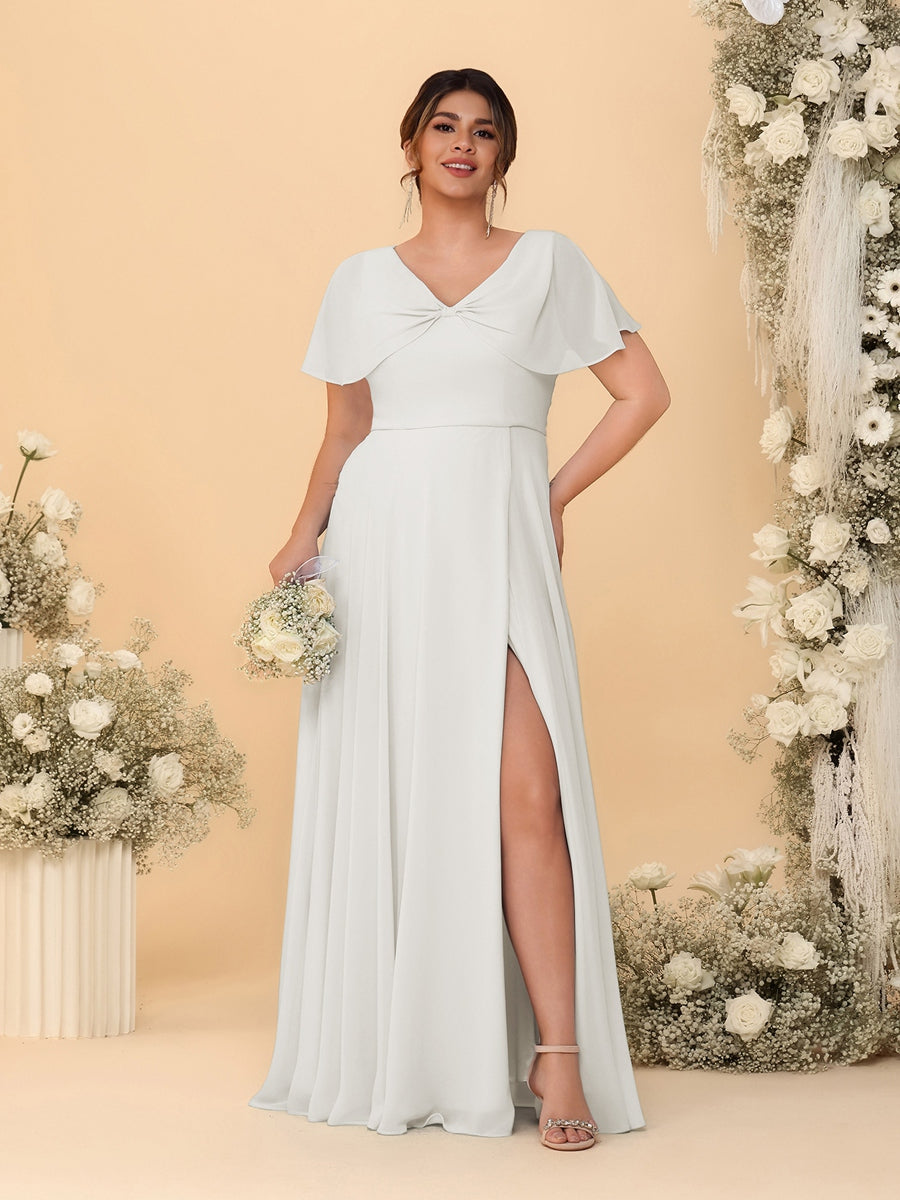A-Line/Princess V-Neck Short Sleeves Plus Size Bridesmaid Dresses With Side Slit Ivory