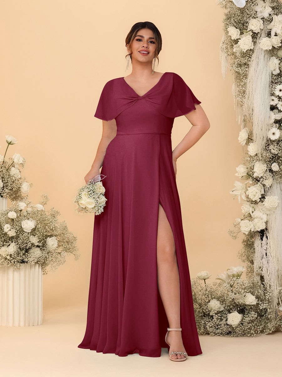A-Line/Princess V-Neck Short Sleeves Plus Size Bridesmaid Dresses With Side Slit Light Burgundy